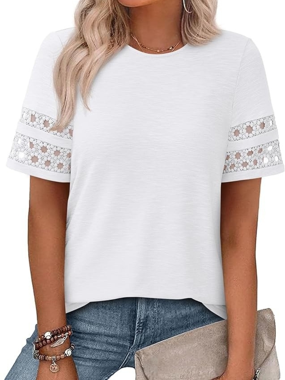 PrettyGarden White Short Sleeve Tee with Lace Insets